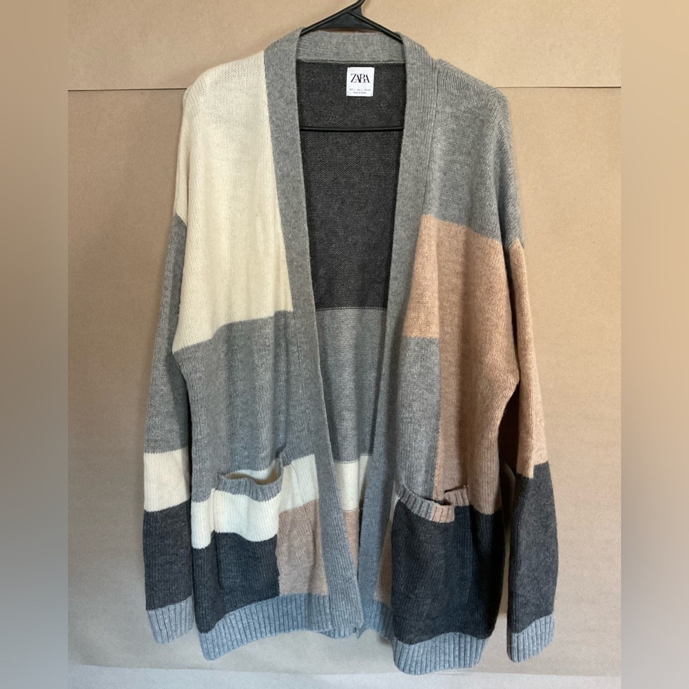 Zara Women's Multicolor Block Cardigan - Gray, Cream, Tan. Size L.
